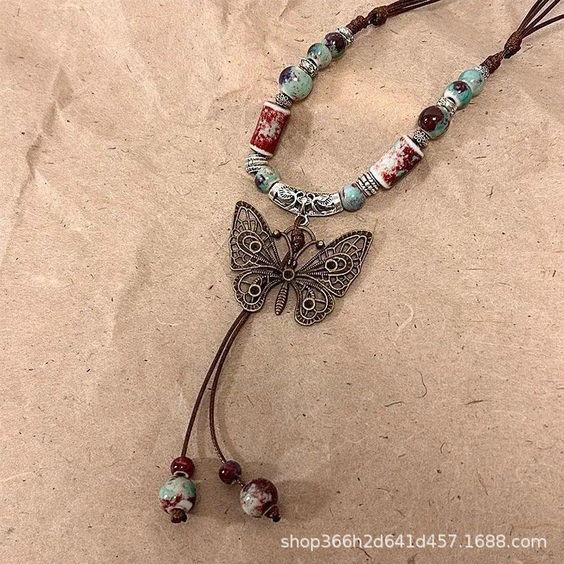 Wholesale New Chinese ethnic style retro ceramic butterfly beaded clavicle necklace